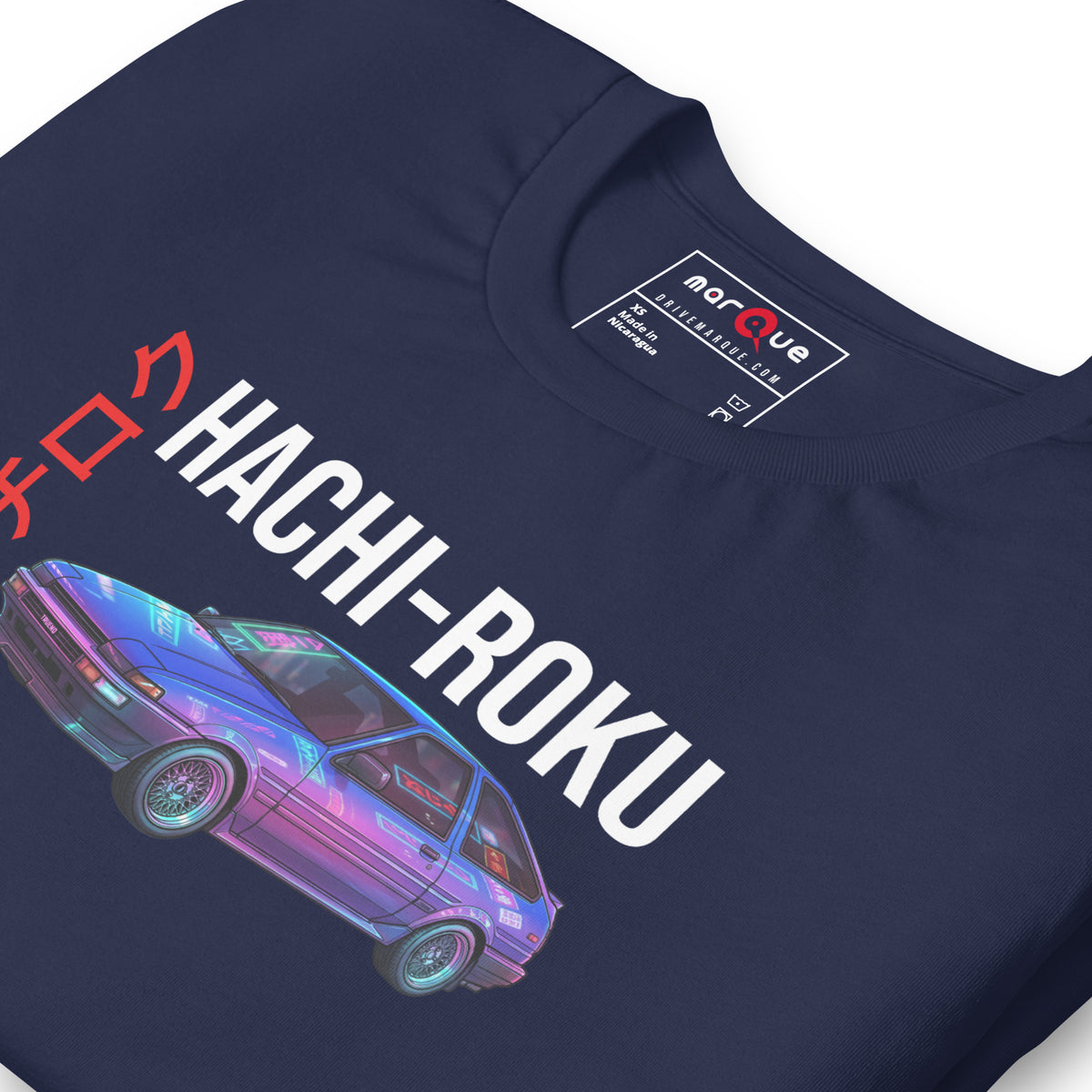 Hachi-Roku Tee — AE86 Neon graphic t-shirt, Navy print detail (2) — Marque automotive apparel