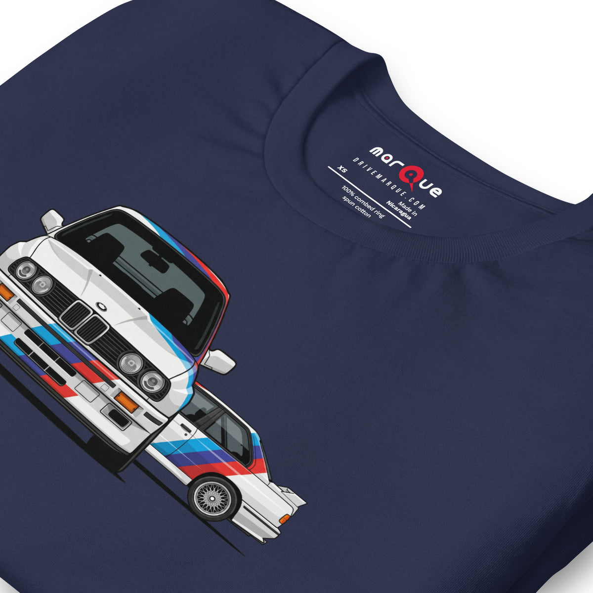 E30 Box Flare Tee — Widebody Icon graphic t-shirt, Navy print detail — Marque automotive apparel
