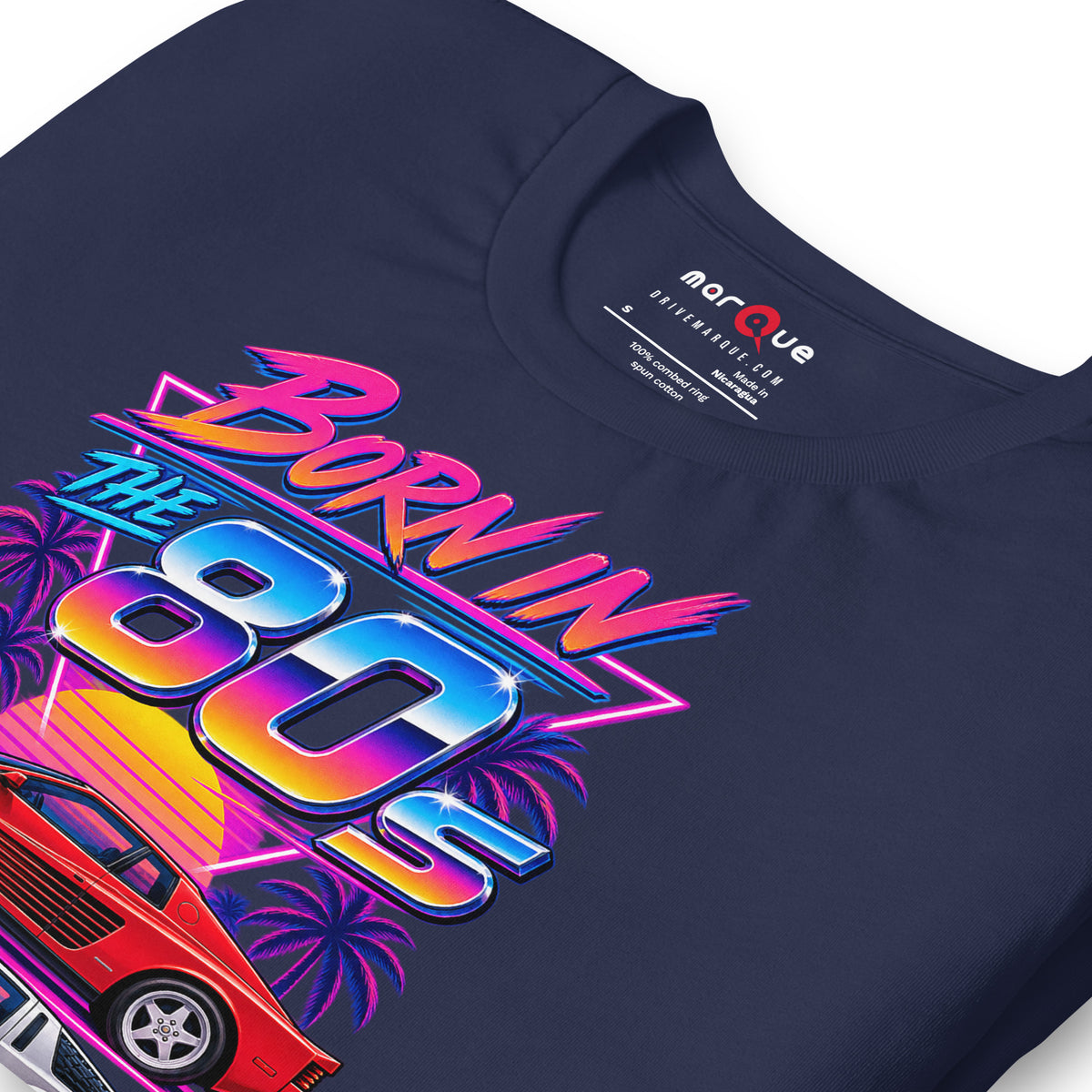 Born in the 80s tee, Navy print detail — Marque automotive apparel