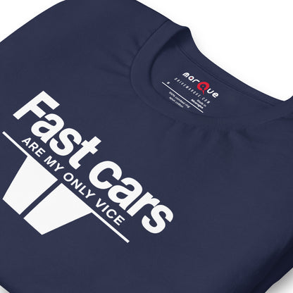 Fast Cars Are My Only Vice Tee, Navy print detail — Marque automotive apparel