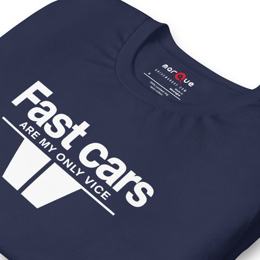 Fast Cars Are My Only Vice Tee, Navy print detail — Marque automotive apparel