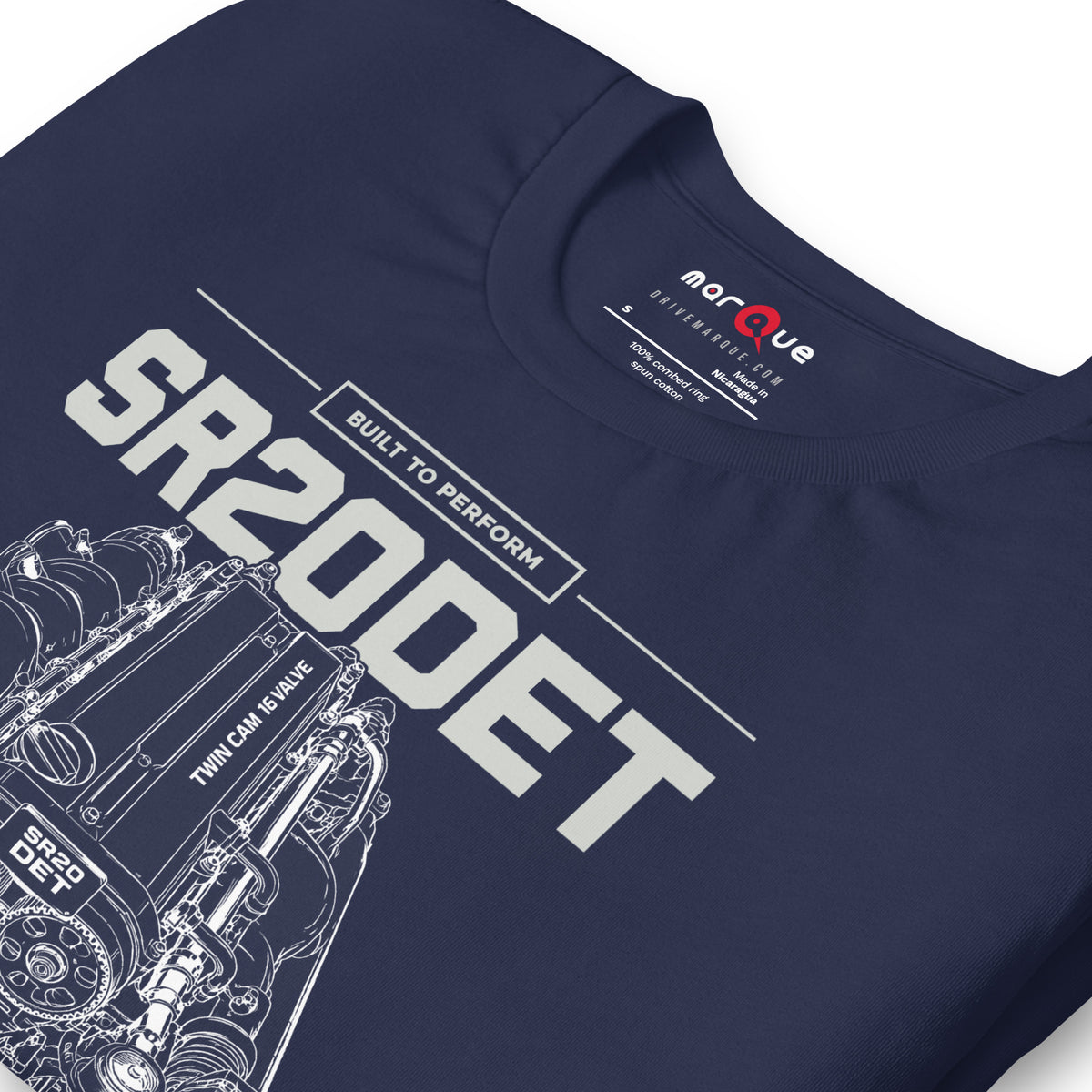 SR20DET Tee, Navy print detail — twin-cam turbo engine line art, Marque automotive apparel