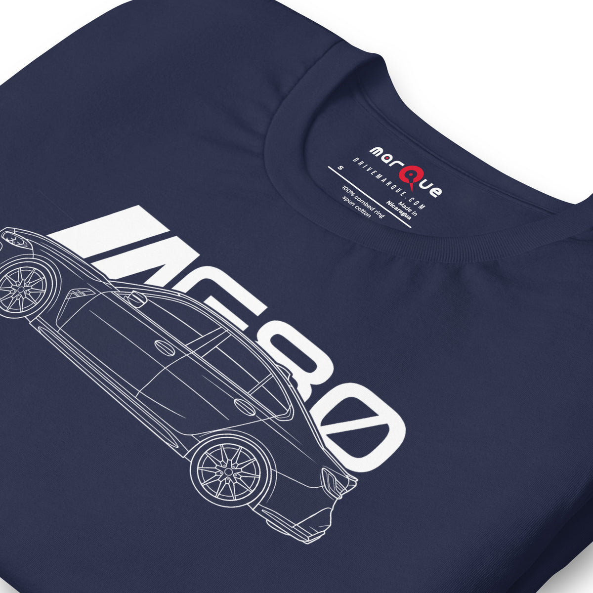 Super Sedan G80 t-shirt, Navy print detail — Marque automotive apparel