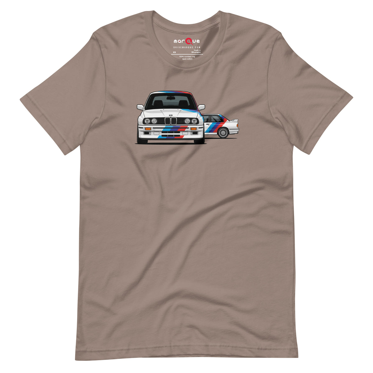 E30 Box Flare Tee — Widebody Icon graphic t-shirt, Pebble front view — Marque automotive apparel