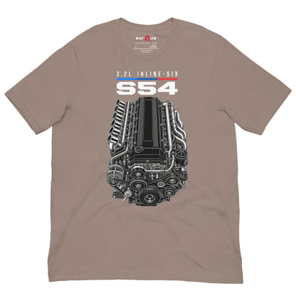 Engine Icon Tee — S54 Inline-Six, Pebble front view — 3.2L inline-six technical drawing, Marque automotive apparel