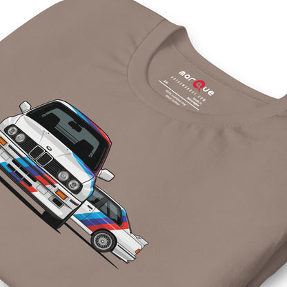 E30 Box Flare Tee — Widebody Icon graphic t-shirt, Pebble print detail — Marque automotive apparel