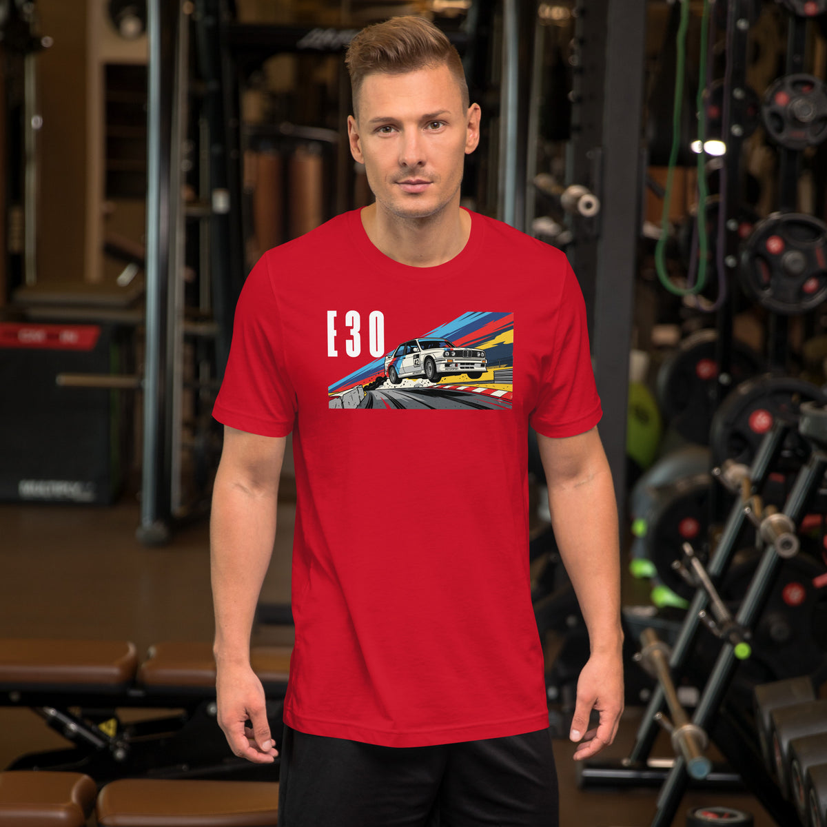 E30 Touring Car Tee — Group A Heritage graphic t-shirt, Red front view — Marque automotive apparel