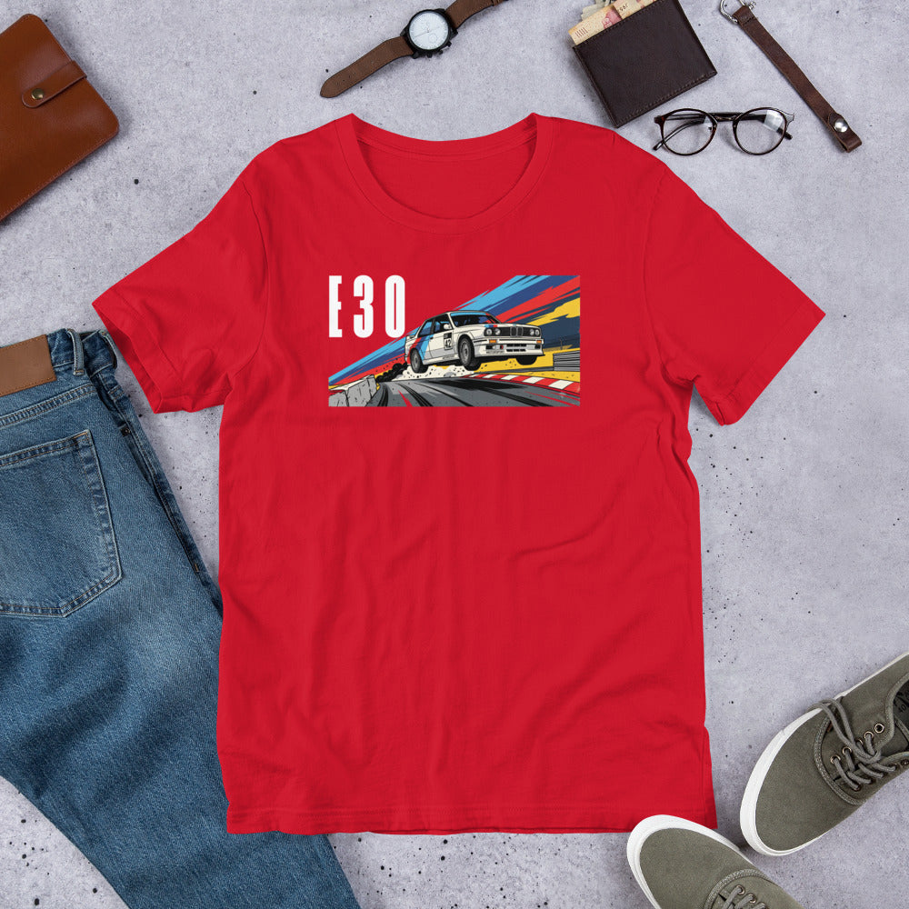 E30 Touring Car Tee — Group A Heritage graphic t-shirt, Red front view (2) — Marque automotive apparel