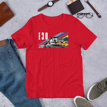 E30 Touring Car Tee — Group A Heritage graphic t-shirt, Red front view (2) — Marque automotive apparel