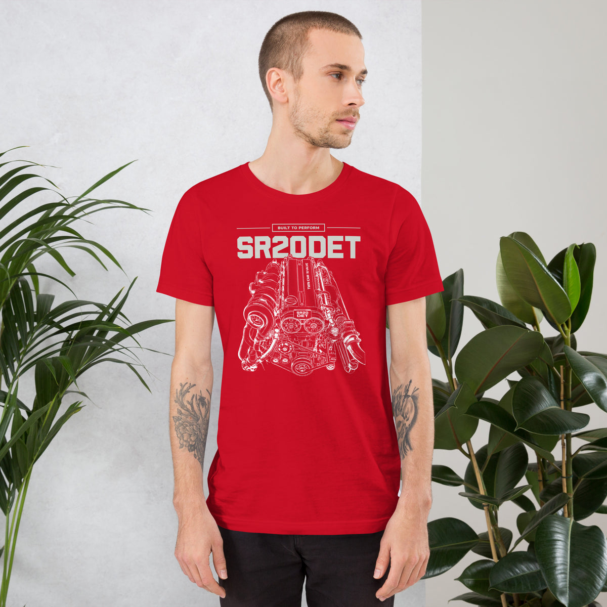 SR20DET Tee, Red front view — twin-cam turbo engine line art, Marque automotive apparel