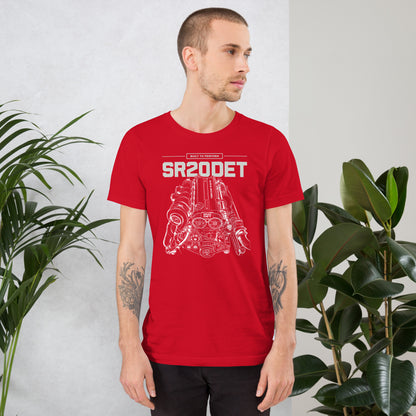 SR20DET Tee, Red front view — twin-cam turbo engine line art, Marque automotive apparel