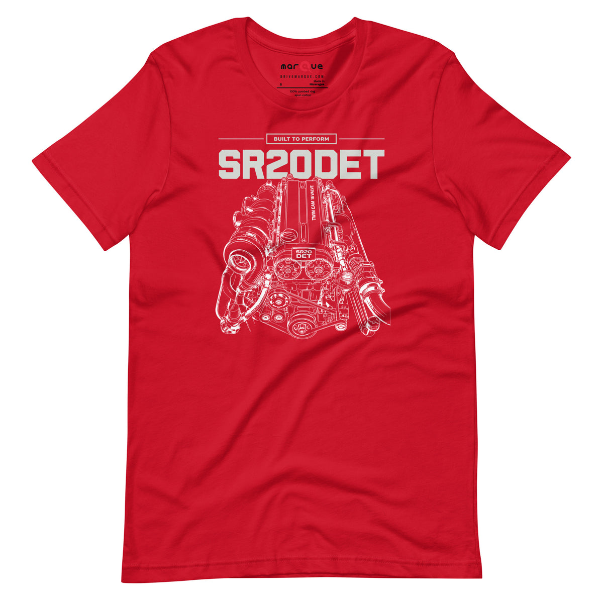SR20DET Tee, Red flat lay — twin-cam turbo engine line art, Marque automotive apparel