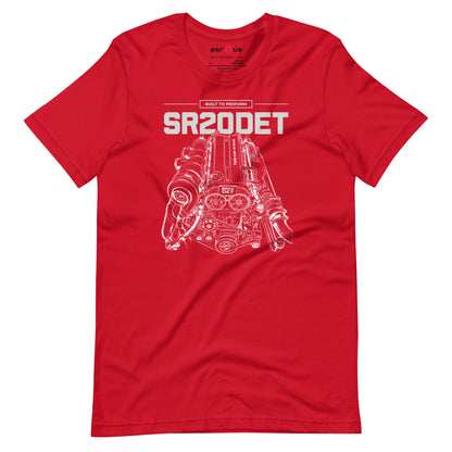 SR20DET Tee, Red flat lay — twin-cam turbo engine line art, Marque automotive apparel