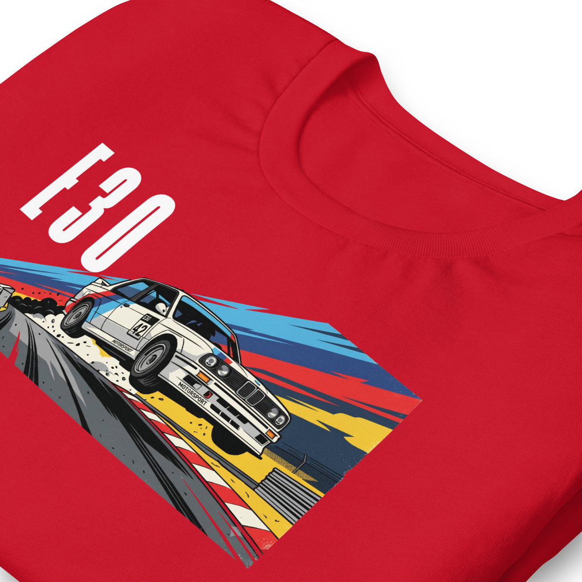 E30 Touring Car Tee — Group A Heritage graphic t-shirt, Red print detail (2) — Marque automotive apparel