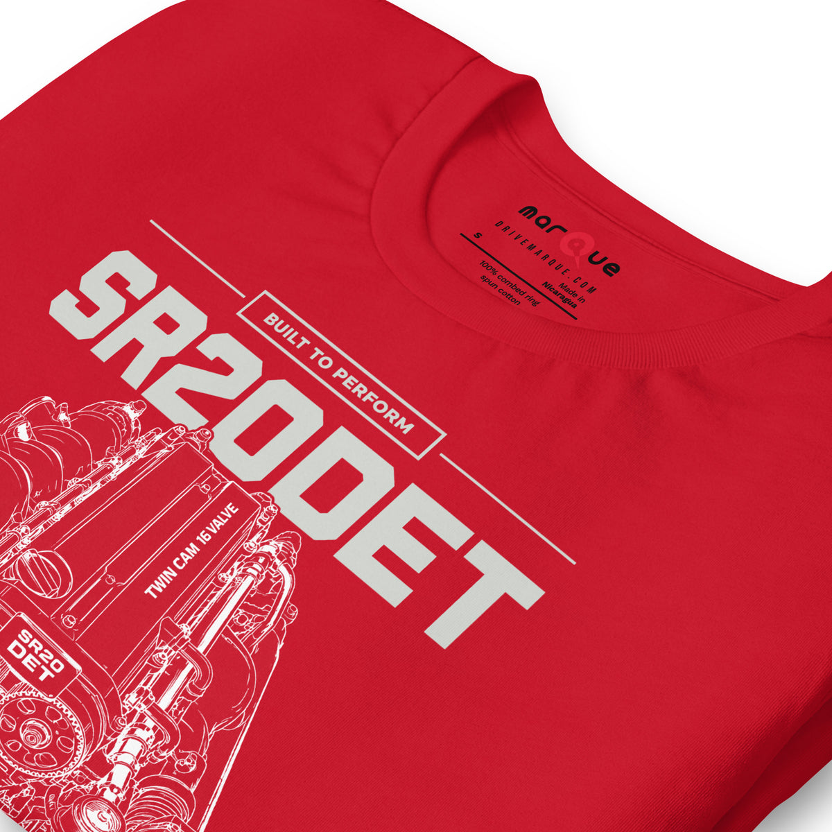 SR20DET Tee, Red print detail — twin-cam turbo engine line art, Marque automotive apparel
