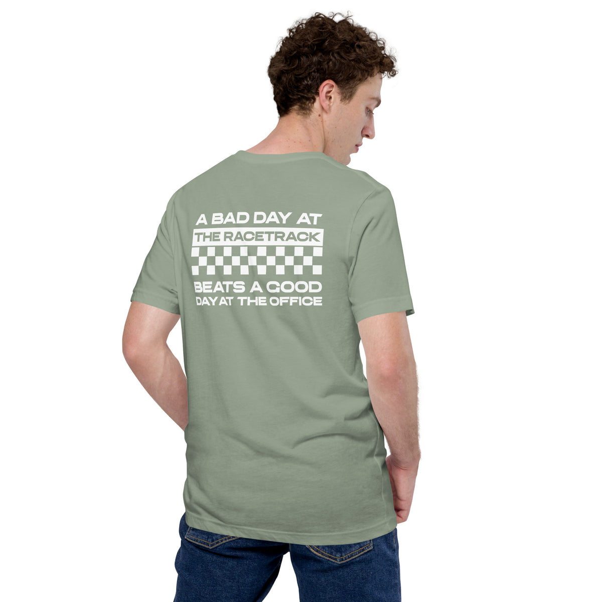 Bad Track Day Tee — Beats the Office graphic t-shirt, Sage back view — Marque automotive apparel