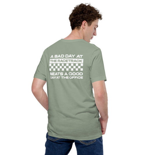 Bad Track Day Tee — Beats the Office graphic t-shirt, Sage back view — Marque automotive apparel
