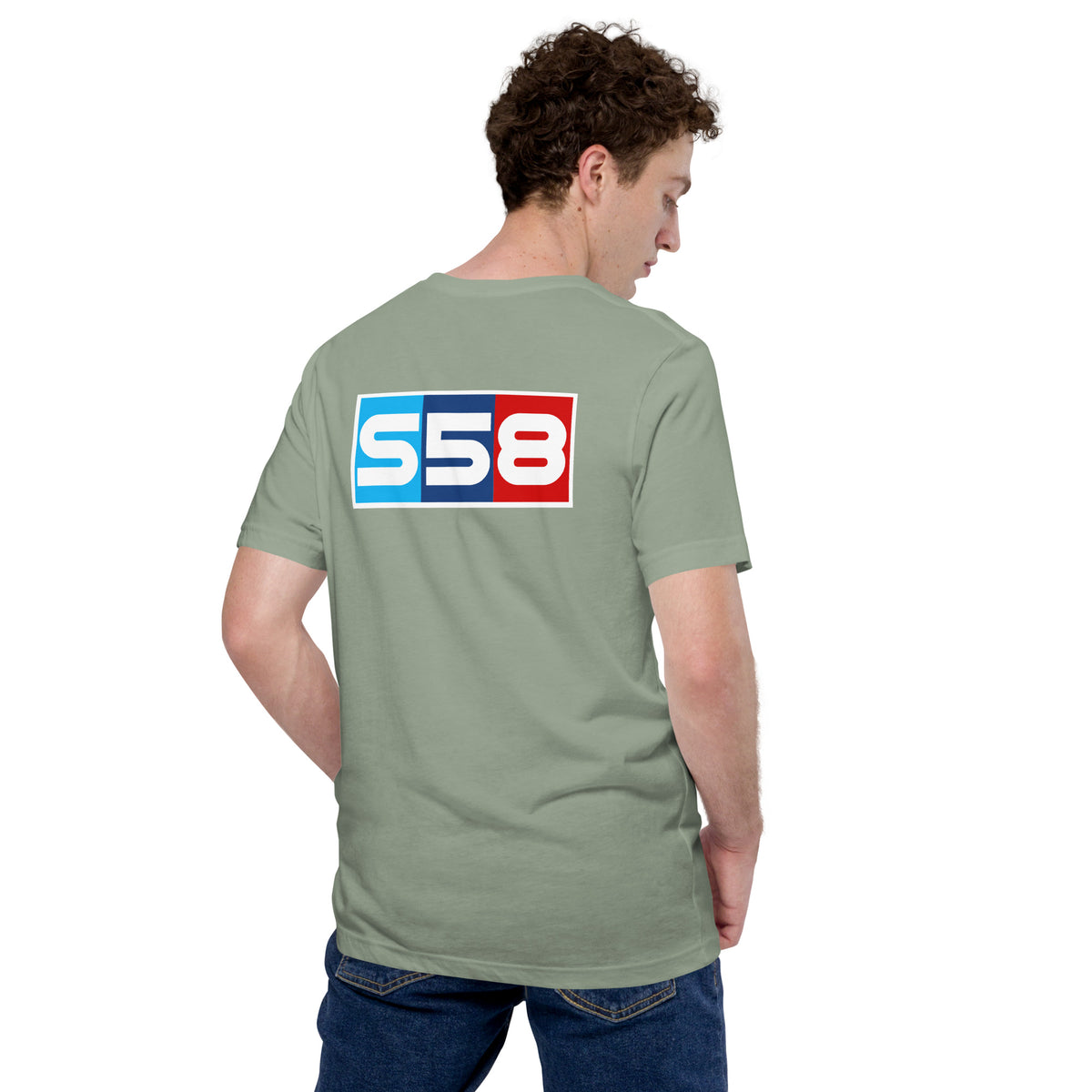 Bavarian Twin-Turbo Tee — S58 Straight-Six graphic t-shirt, Sage back view — Marque automotive apparel