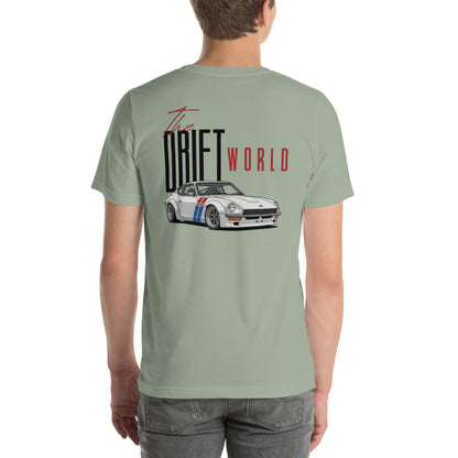 Drift World Z Tee — Rear-Drive Icon graphic t-shirt, Sage back view — Marque automotive apparel