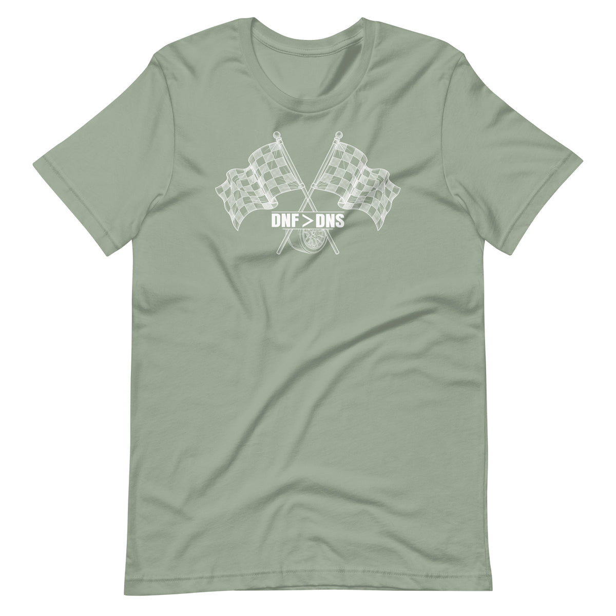 Crossed Flags Tee — Send It Anyway graphic t-shirt, Sage front view (2) — Marque automotive apparel
