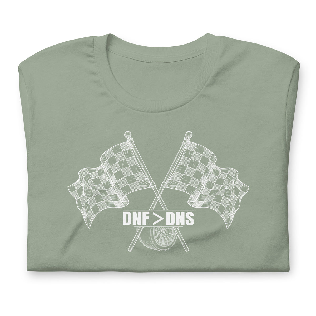 Crossed Flags Tee — Send It Anyway graphic t-shirt, Sage front view — Marque automotive apparel
