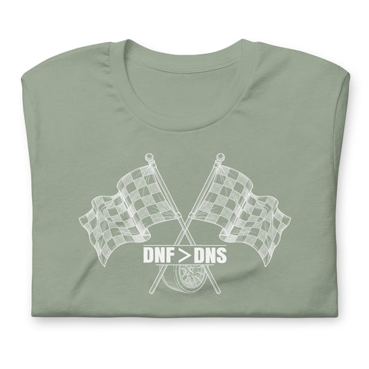 Crossed Flags Tee — Send It Anyway graphic t-shirt, Sage front view — Marque automotive apparel