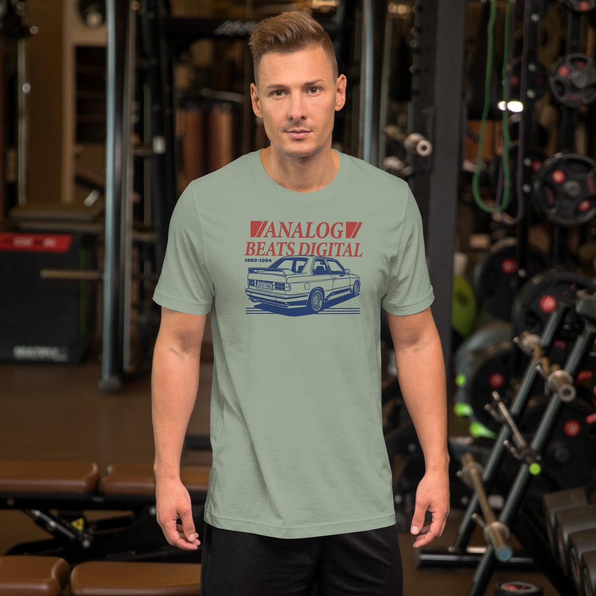 Analog Beats Digital tee, Sage front view — Marque automotive apparel (2)