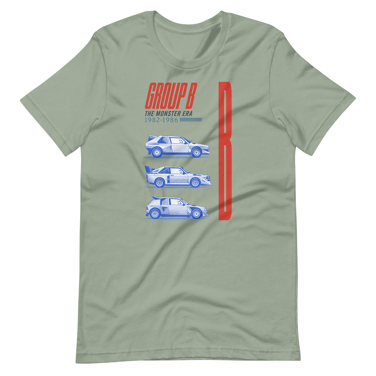 Sage green Group B rally t-shirt laid flat, three stacked rally car silhouettes in blue
