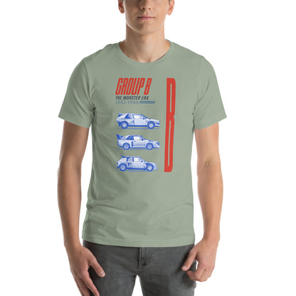 Sage Group B tee worn front-on, rally silhouettes and speed rules visible