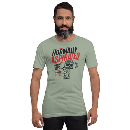 Sage green normally aspirated tee worn front-on, distressed block lettering on the chest