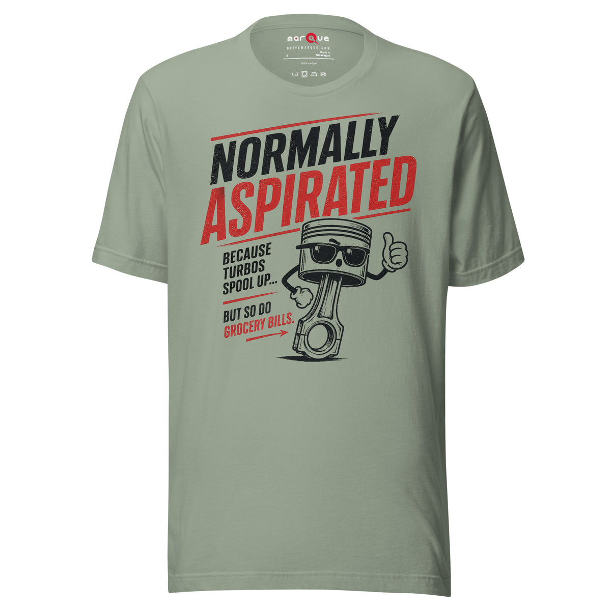 Sage green normally aspirated t-shirt — hand-drawn piston mascot in sunglasses