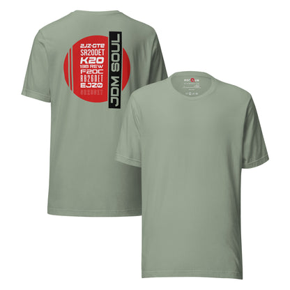 JDM Engine Icons Tee — The Code Sheet graphic t-shirt, Sage front and back — Marque automotive apparel