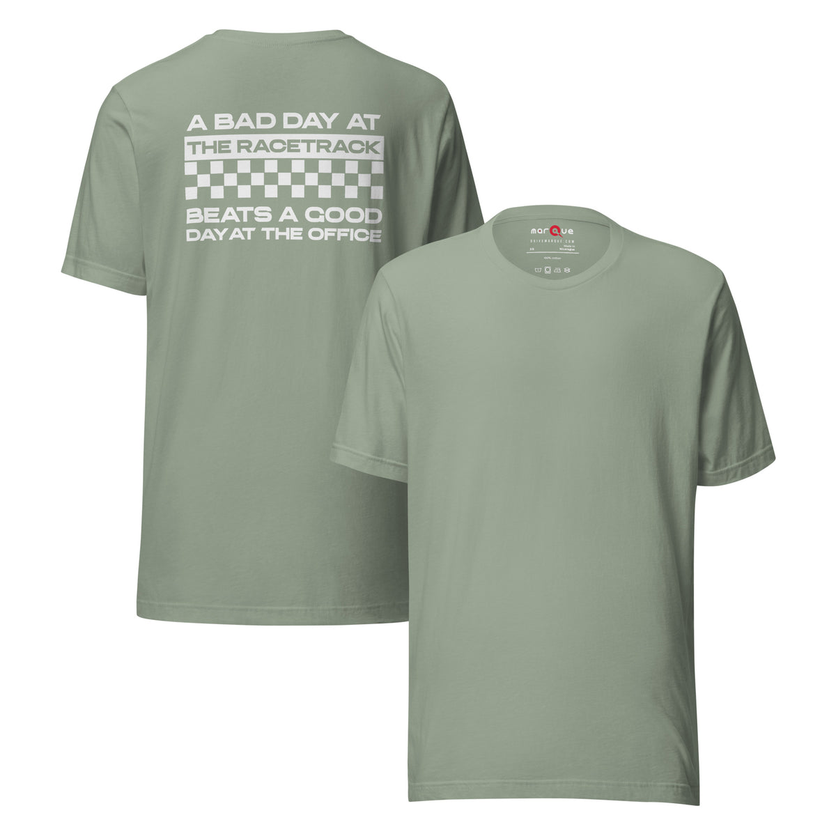 Bad Track Day Tee — Beats the Office graphic t-shirt, Sage front and back — Marque automotive apparel