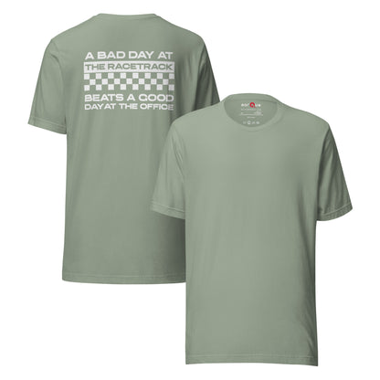 Bad Track Day Tee — Beats the Office graphic t-shirt, Sage front and back — Marque automotive apparel