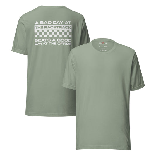 Bad Track Day Tee — Beats the Office graphic t-shirt, Sage front and back — Marque automotive apparel