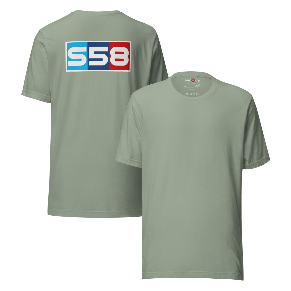 Bavarian Twin-Turbo Tee — S58 Straight-Six graphic t-shirt, Sage front and back — Marque automotive apparel