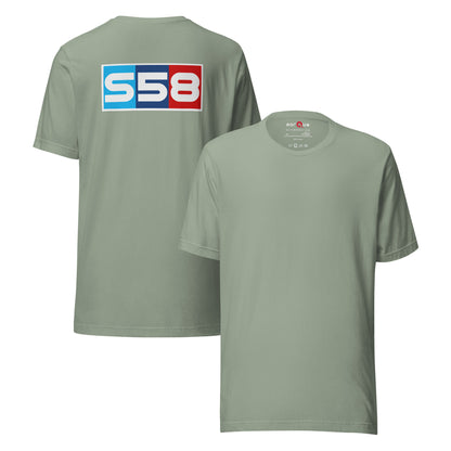 Bavarian Twin-Turbo Tee — S58 Straight-Six graphic t-shirt, Sage front and back — Marque automotive apparel