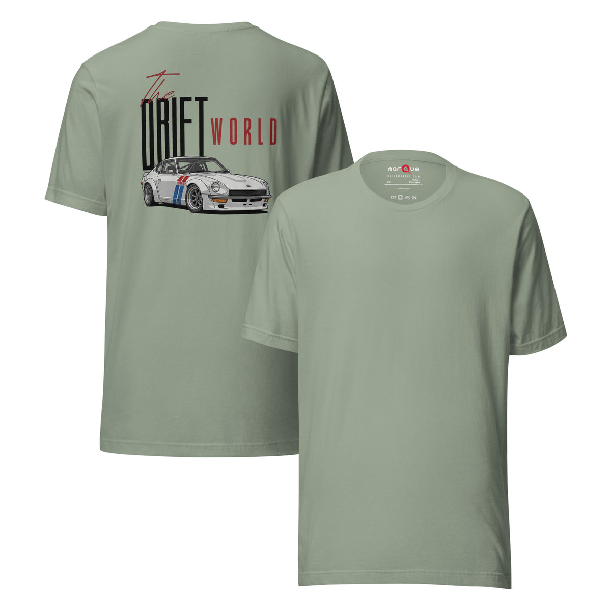 Drift World Z Tee — Rear-Drive Icon graphic t-shirt, Sage front and back — Marque automotive apparel