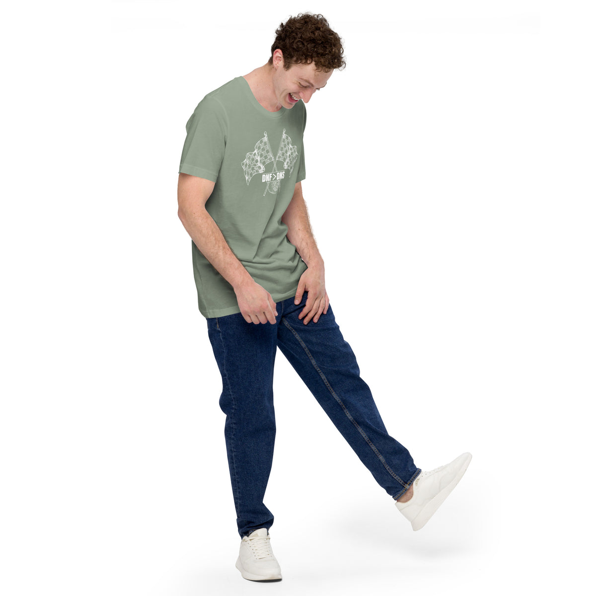 Crossed Flags Tee — Send It Anyway graphic t-shirt, Sage front view (5) — Marque automotive apparel