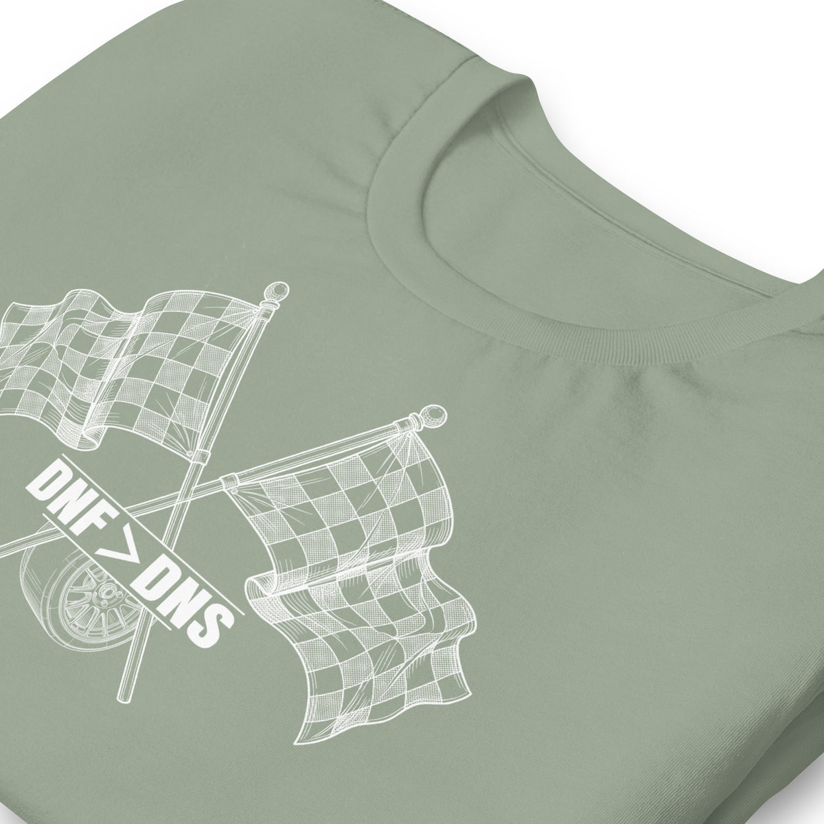 Crossed Flags Tee — Send It Anyway graphic t-shirt, Sage print detail (2) — Marque automotive apparel