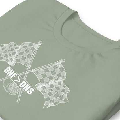 Crossed Flags Tee — Send It Anyway graphic t-shirt, Sage print detail (2) — Marque automotive apparel