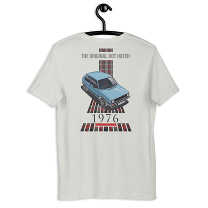 1976 Original Hot Hatch Tee — The Blueprint graphic t-shirt, Silver back view (2) — Marque automotive apparel