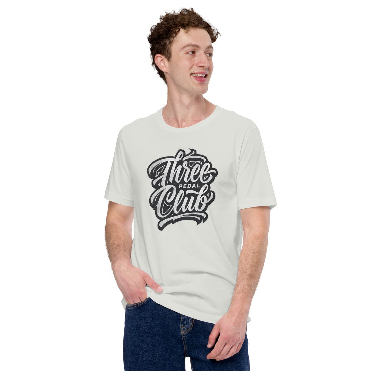 Three Pedal Club Tee — Manual Only graphic t-shirt, Silver front view (3) — Marque automotive apparel
