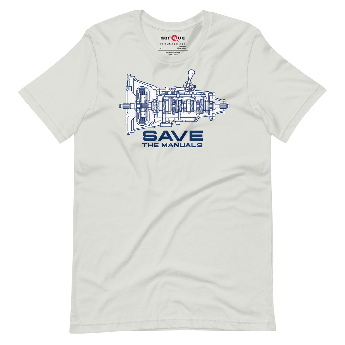 Manual Blueprint Tee, Silver flat lay — gearbox cutaway print, Marque automotive apparel