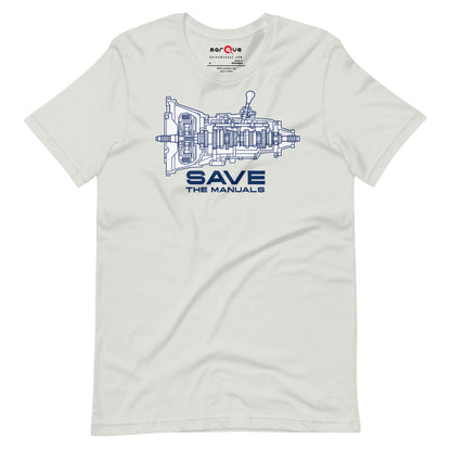 Manual Blueprint Tee, Silver flat lay — gearbox cutaway print, Marque automotive apparel