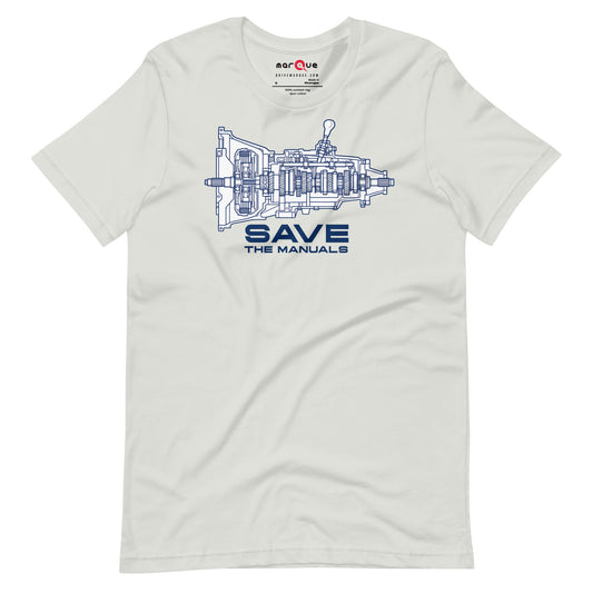Manual Blueprint Tee, Silver flat lay — gearbox cutaway print, Marque automotive apparel