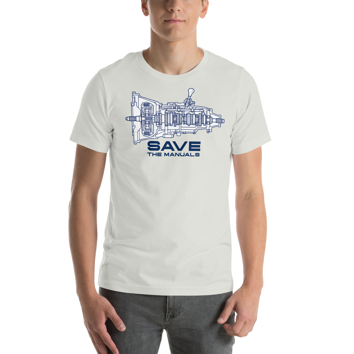 Manual Blueprint Tee, Silver front view — gearbox cutaway print, Marque automotive apparel