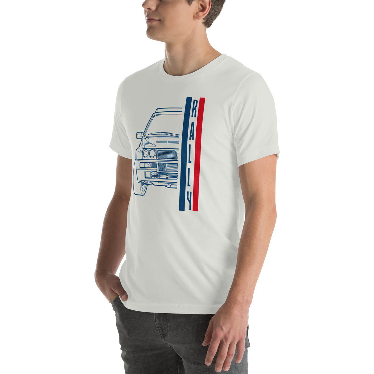 Group A Rally Tee — Six in a Row graphic t-shirt, Silver angled front view — Marque automotive apparel