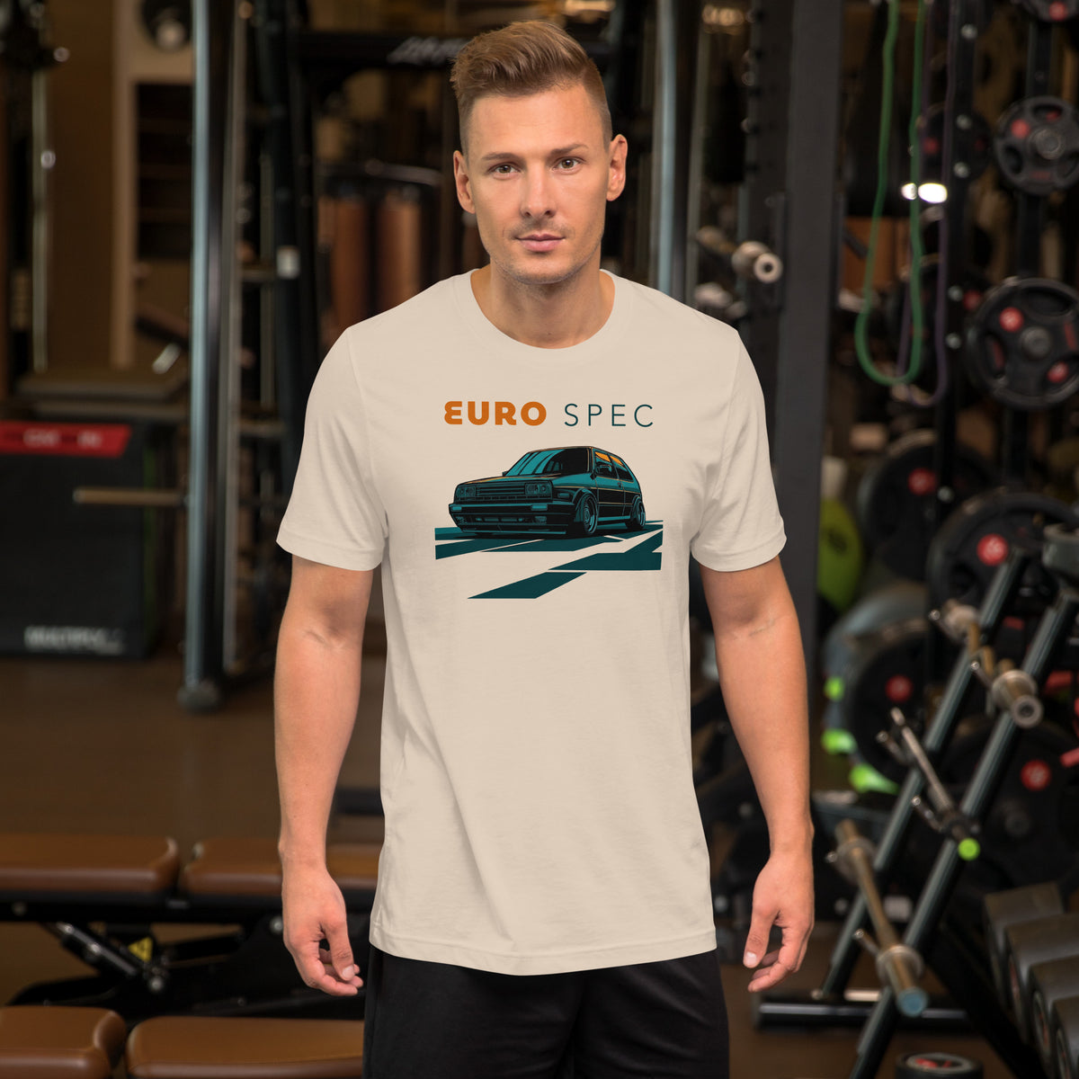 Euro Spec Tee — Mk2 Hot Hatch graphic t-shirt, Soft Cream front view (3) — Marque automotive apparel