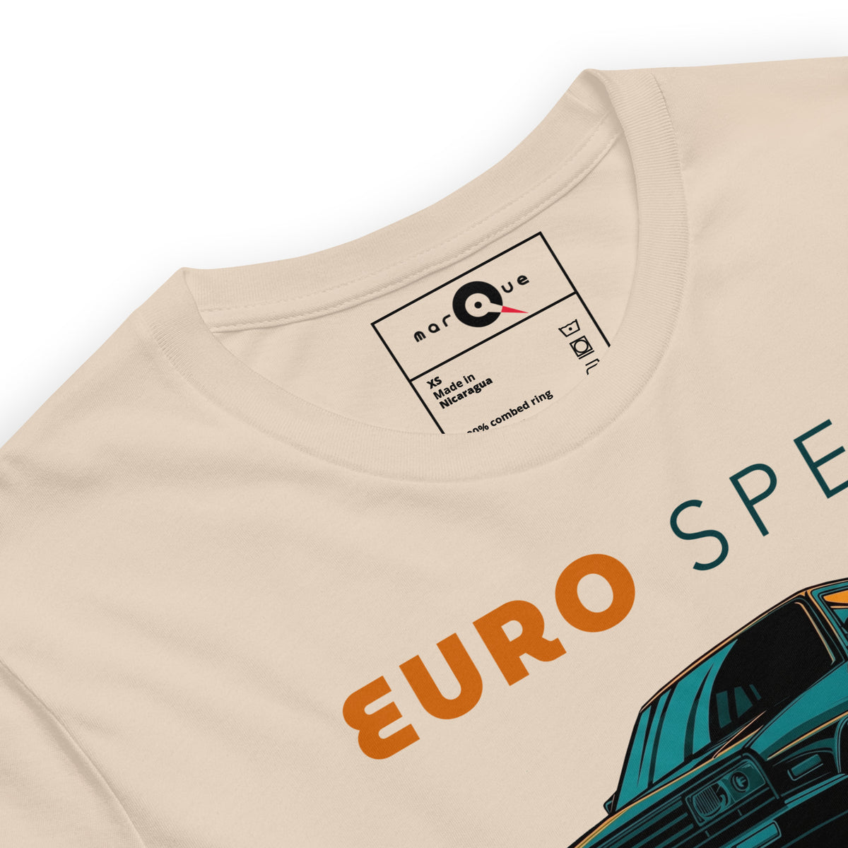 Euro Spec Tee — Mk2 Hot Hatch graphic t-shirt, Soft Cream print detail — Marque automotive apparel